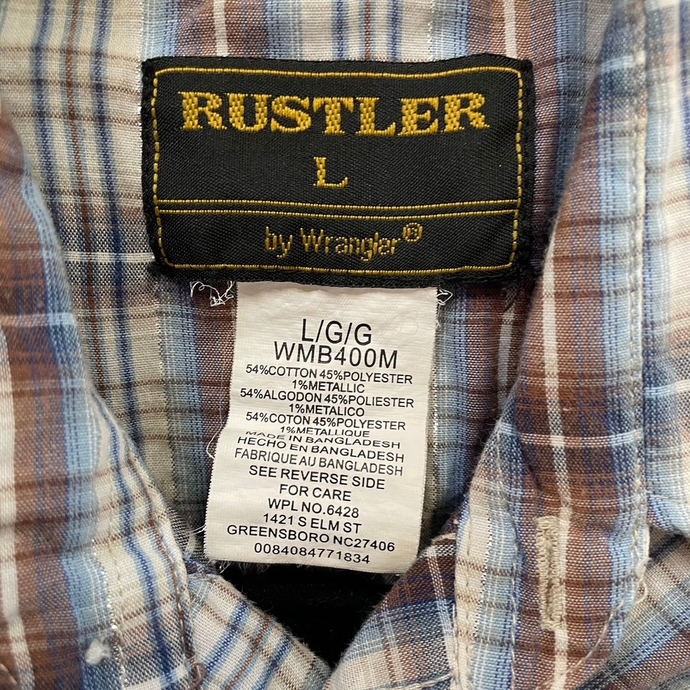 Rustler Wrangler Boys Vintage 1990s USA Western Pearl Snap‎ Shirt Plaid Cowboy L
